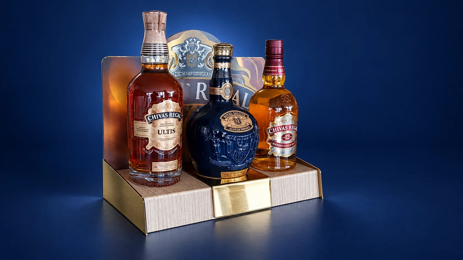 Chivas Regal · Royal Salute — Glorifier with three bottles on a presentation base
